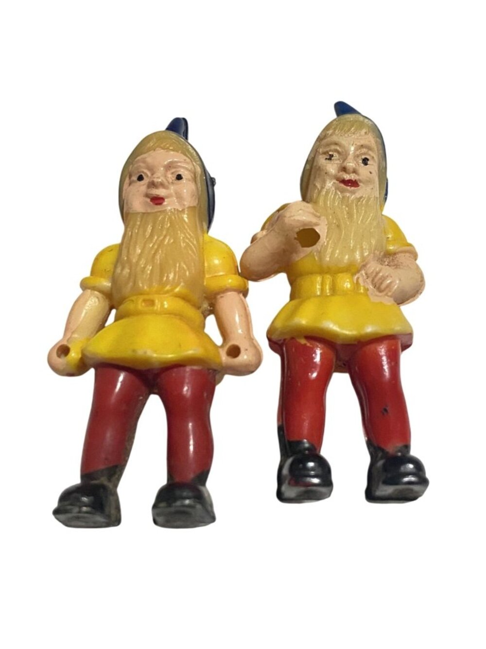 Vintage Plastic Gnome Dwarf Figurines Set Of 2 Yellow Red 2.25" Hong Kong